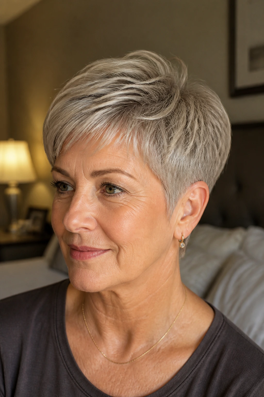 Close-up of a woman with rounded cap pixie and soft edges