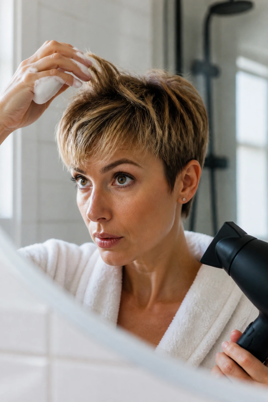 Person performing a quick pixie haircut routine with mousse in a bright bathroom