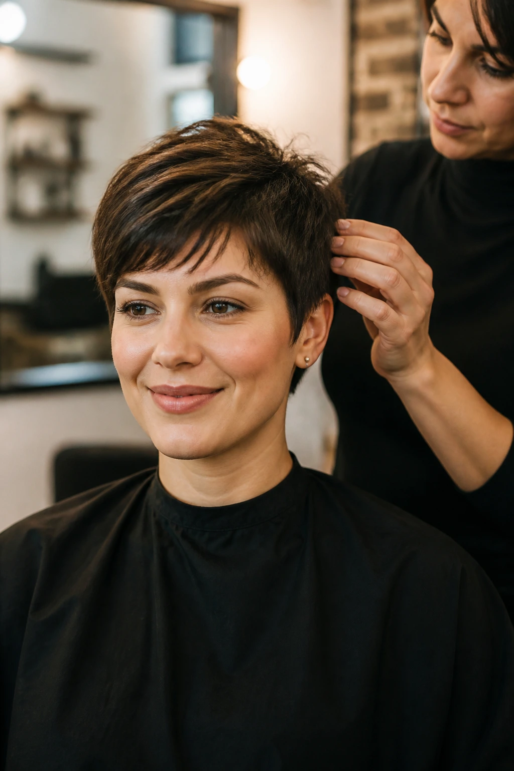 Portrait of a client with a pixie haircut in a salon discussing with a stylist