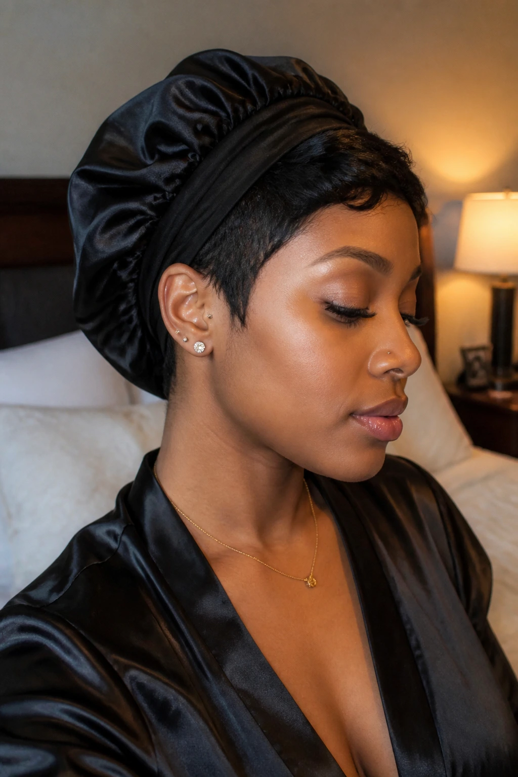 Portrait of a real Black woman with pixie and satin bonnet protecting nape in bedroom