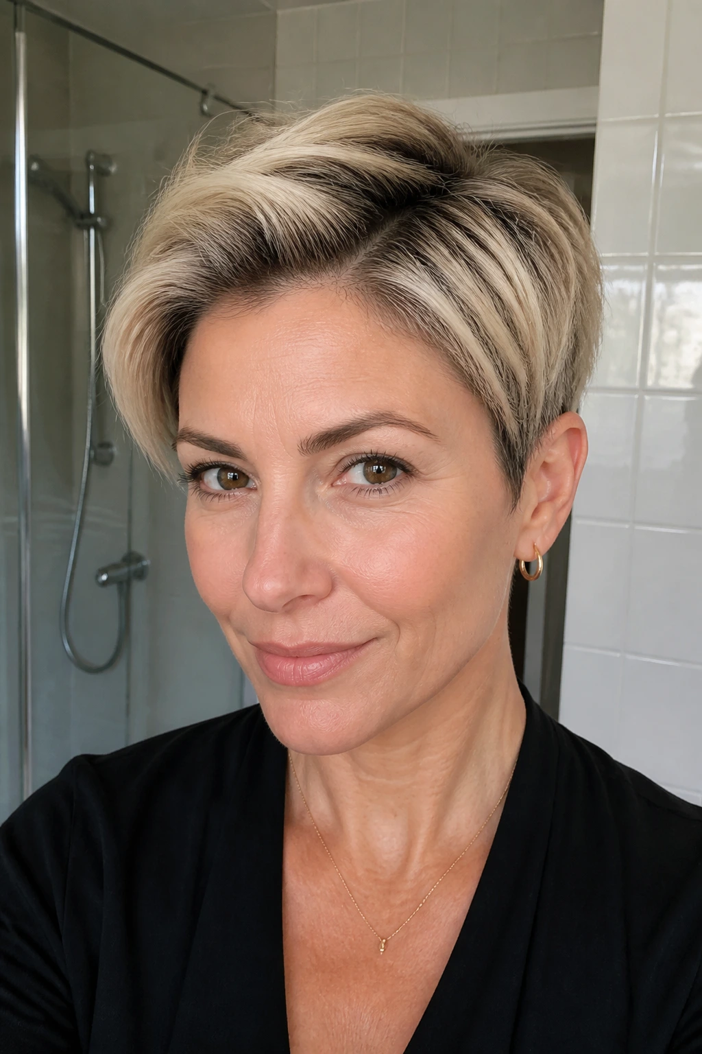 Close-up of Grown-Out Pixie with Shadow Root showing dimensional roots
