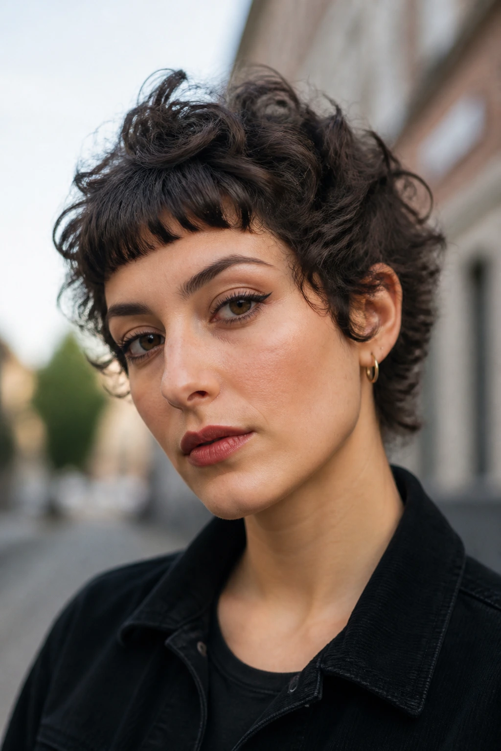 Close-up portrait of a real person with pixie shag and cropped bangs in outdoor light