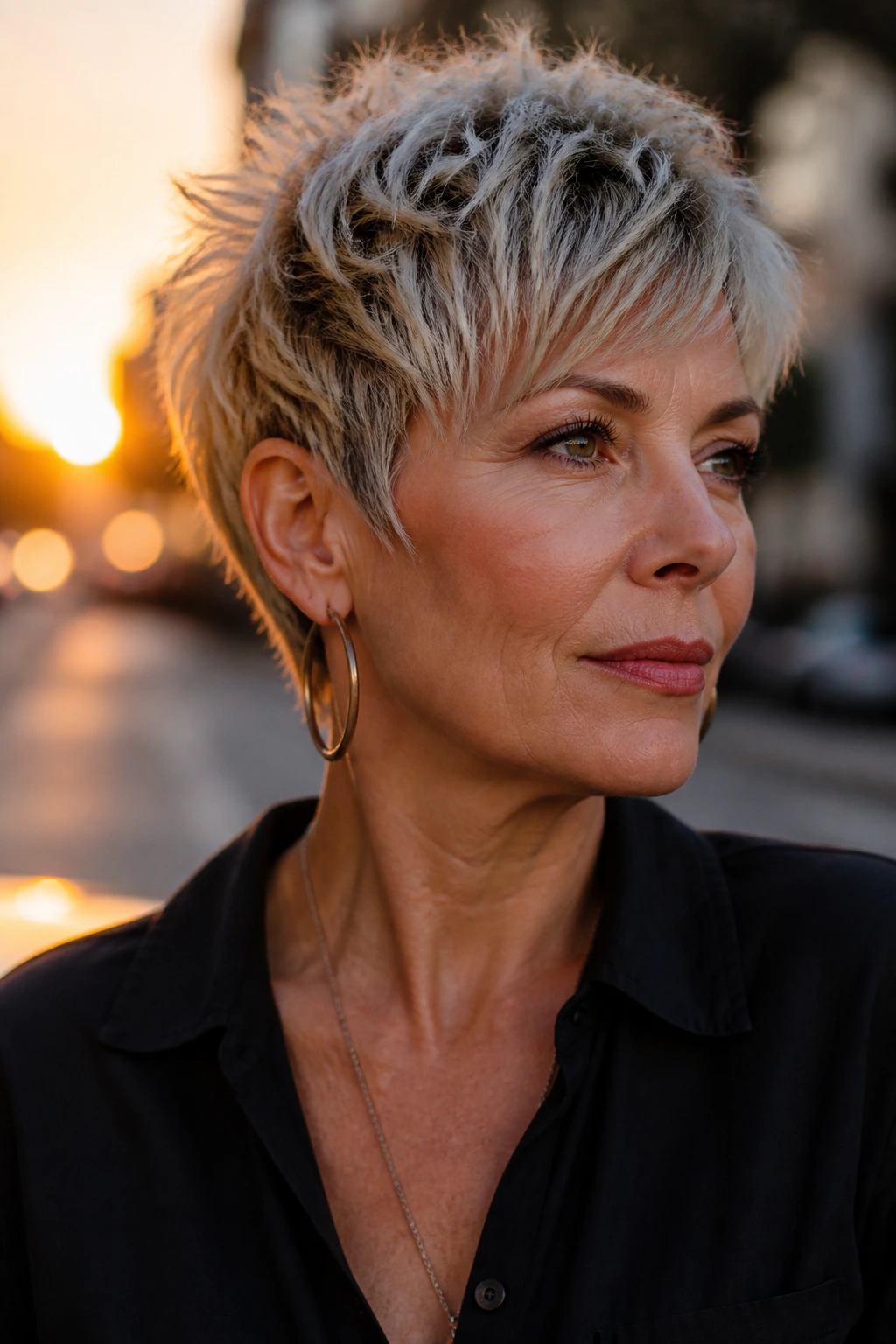 Head-and-shoulders portrait of a real woman with pixie shag and cropped crown in golden hour light.
