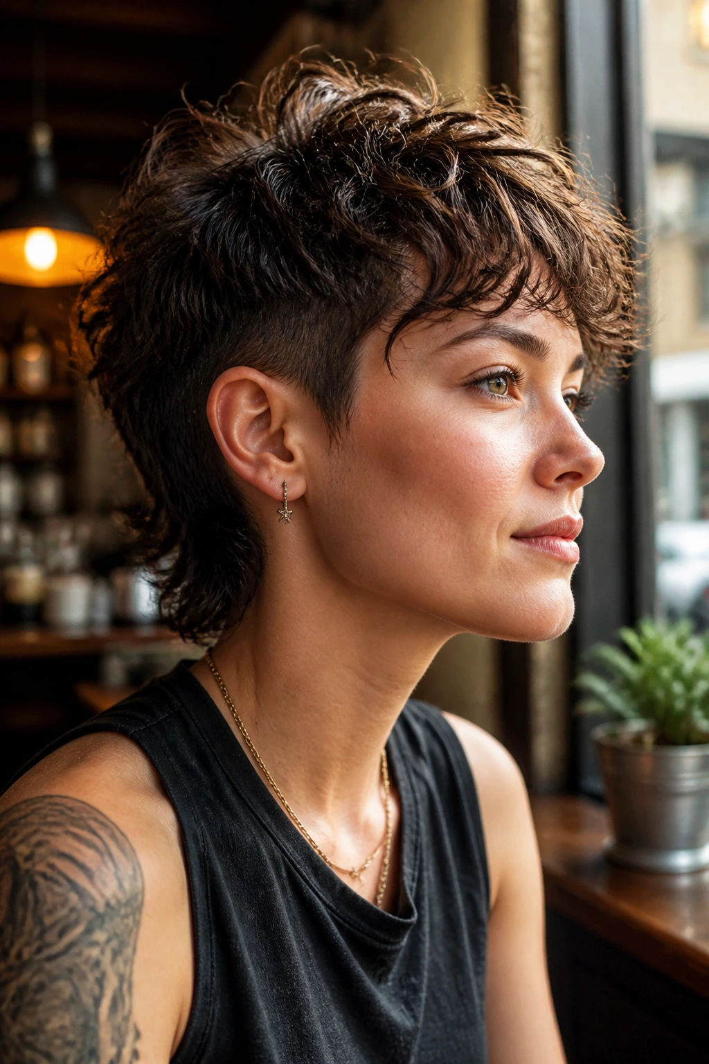 Close-up portrait of a real person with a pixie-shag crossfade showing longer top and shorter sides.