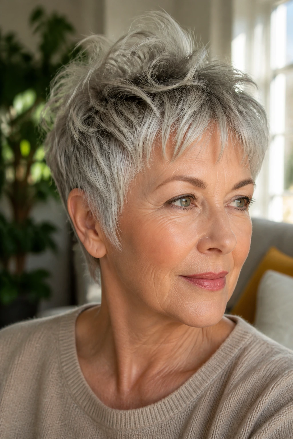 Real woman with pixie shag crown lift, portrait in warm window light