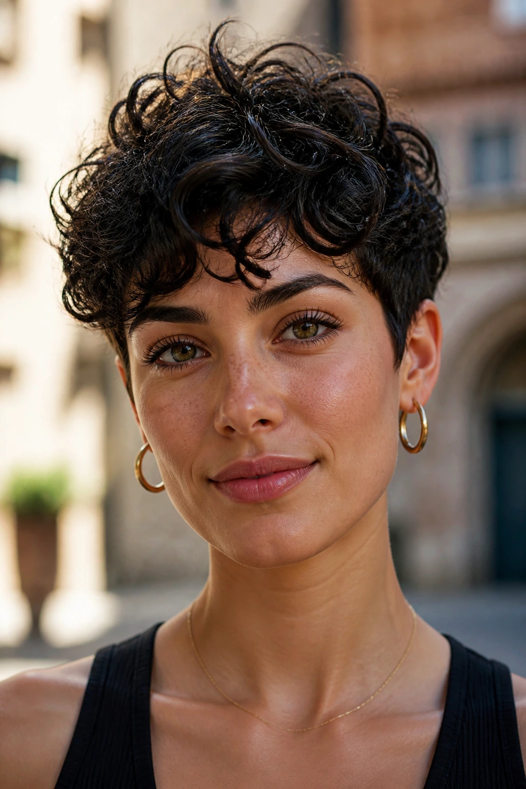 Close-up of a real person with a textured pixie shag showing curl pattern