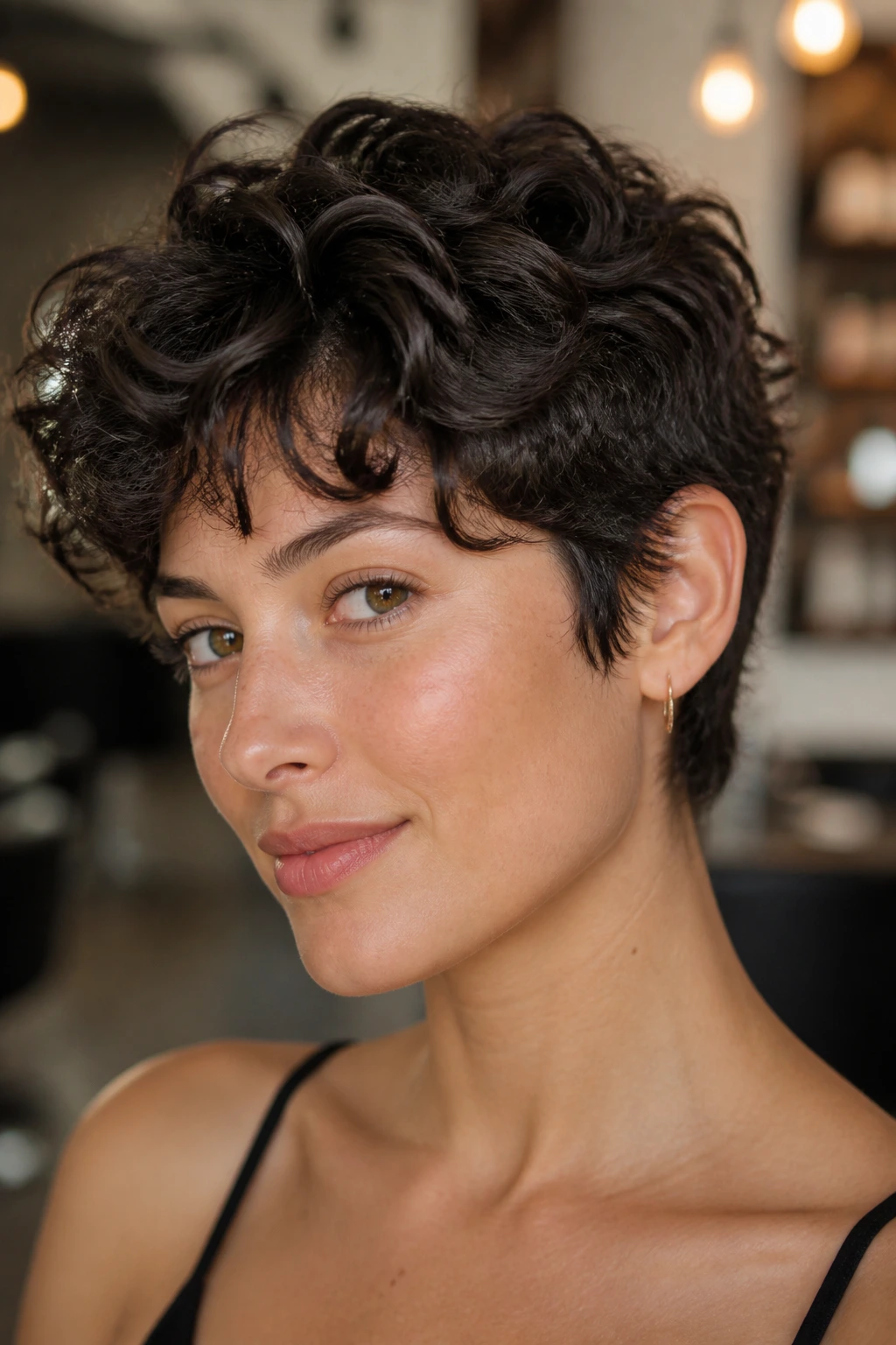 Real-person portrait showing a soft curly pixie shag with lifted crown and tucked sides.