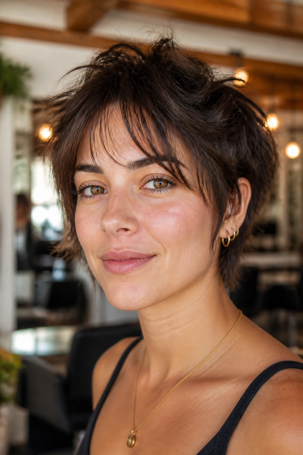 Close-up portrait of a real woman with razored pixie shag and baby curtain bangs in a salon
