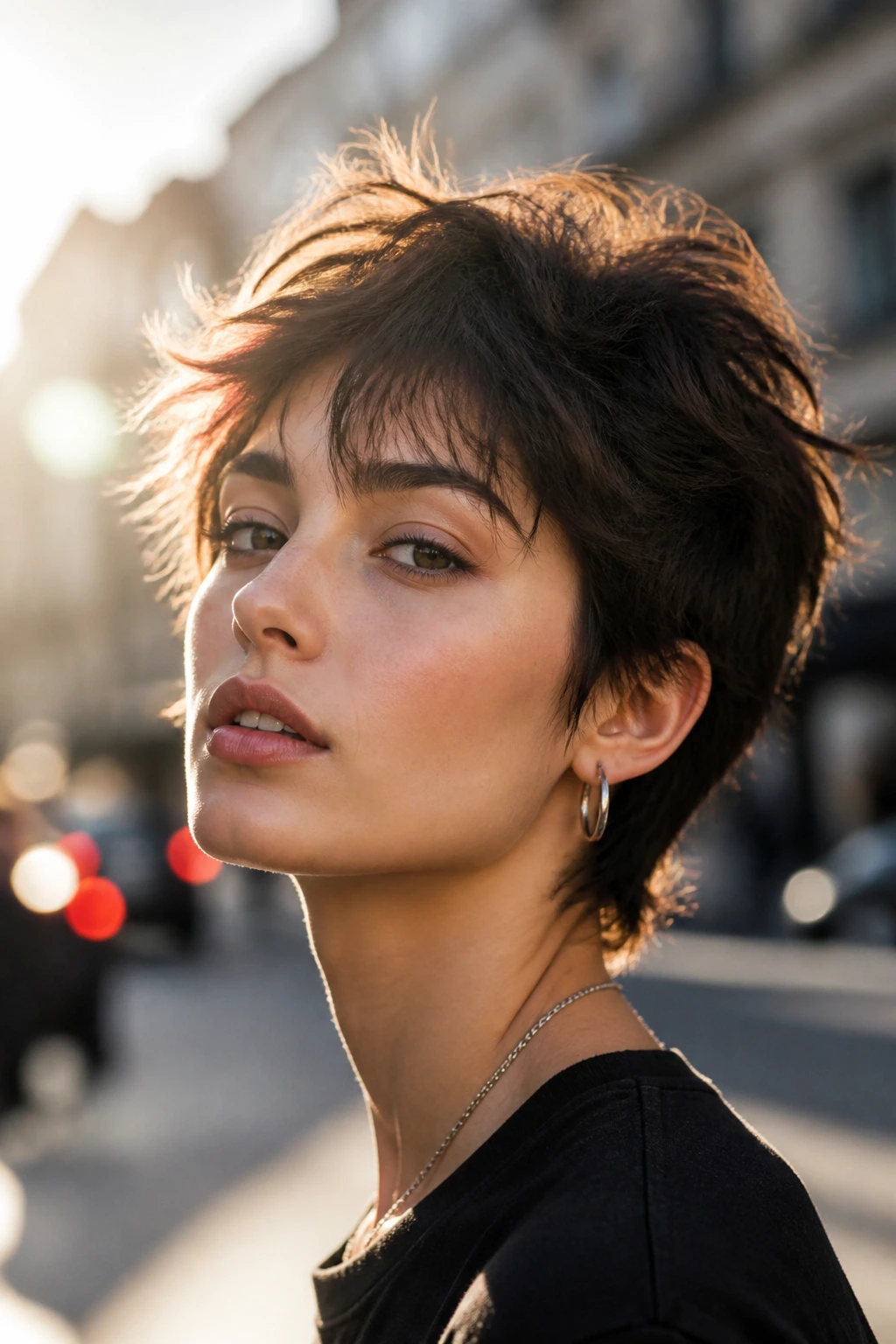 Close-up of a real person with a choppy pixie shag for dense hairlines