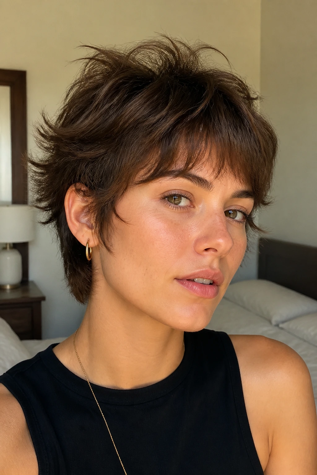 Real person with grown-out pixie shag showing crown length and softened sides.