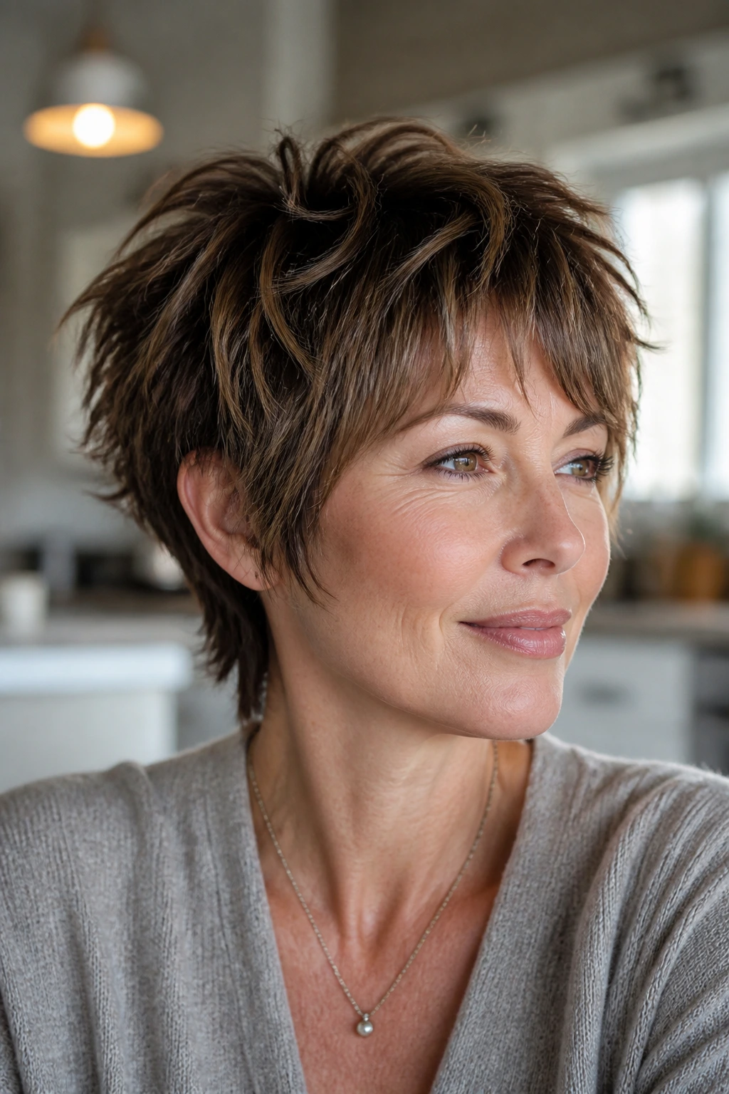 Close-up portrait of a real woman with pixie-shag hybrid showing short sides and textured top.