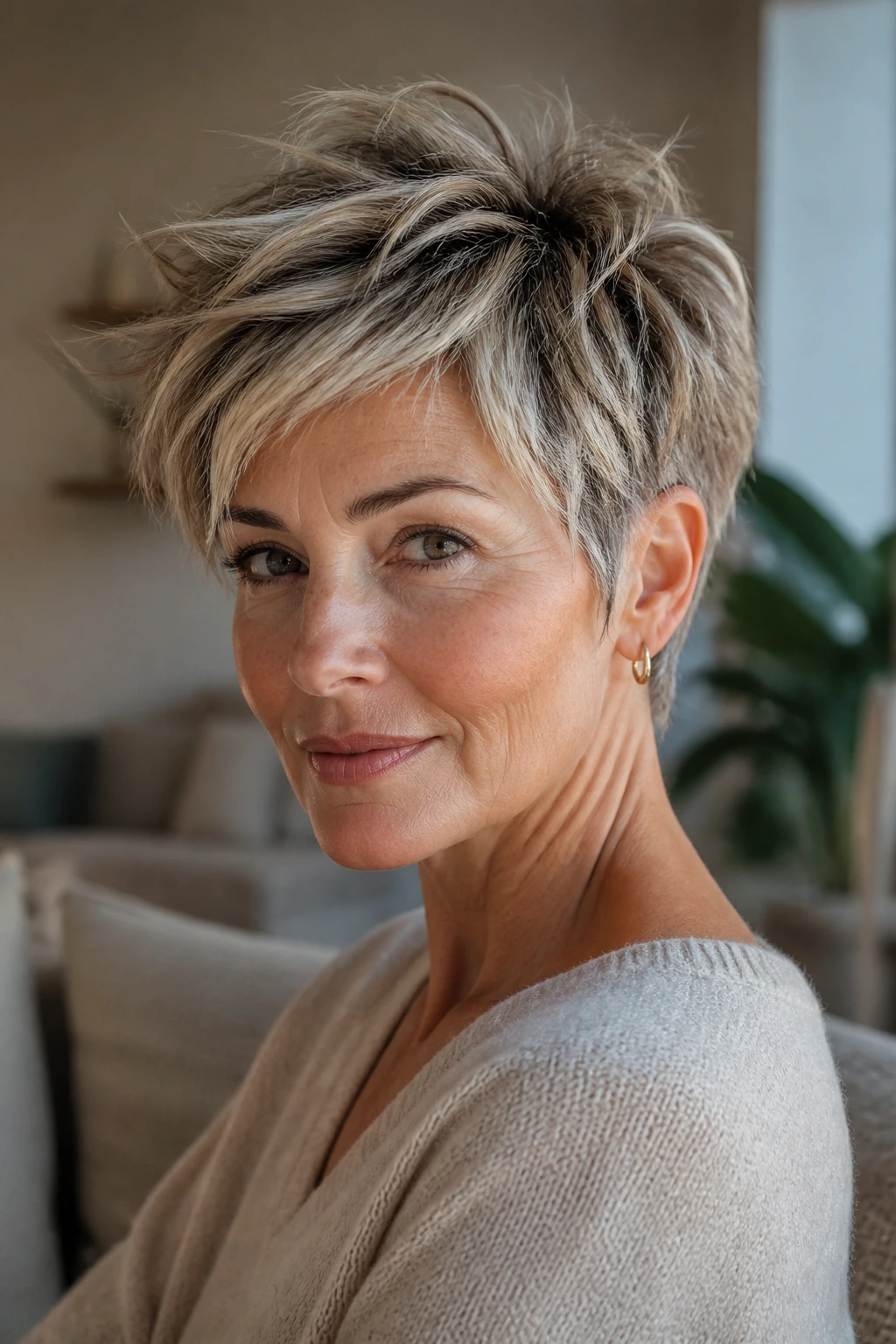 Close-up portrait of a woman with pixie shag long top in warm living room lighting