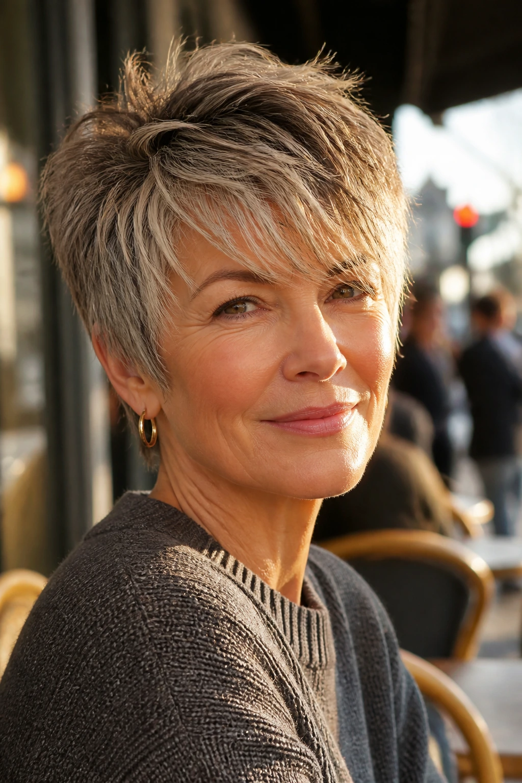 Real woman with pixie shag and long top layers