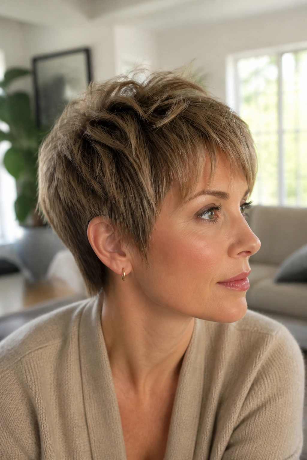 Close-up of a real woman with micro-layered pixie shag showing top height around the crown.