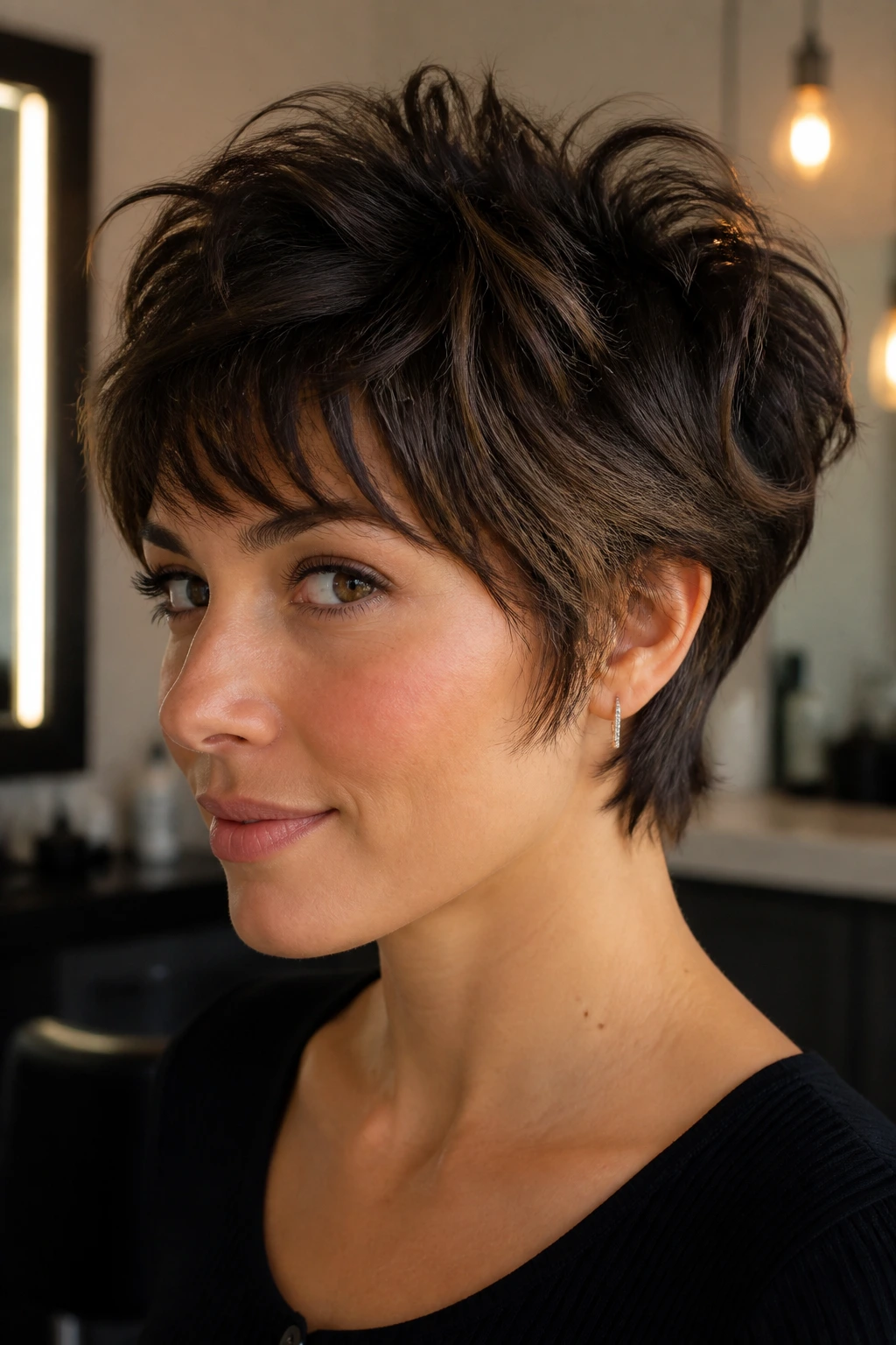 Close-up of real brunette with textured pixie shag and mocha peekaboo highlights.