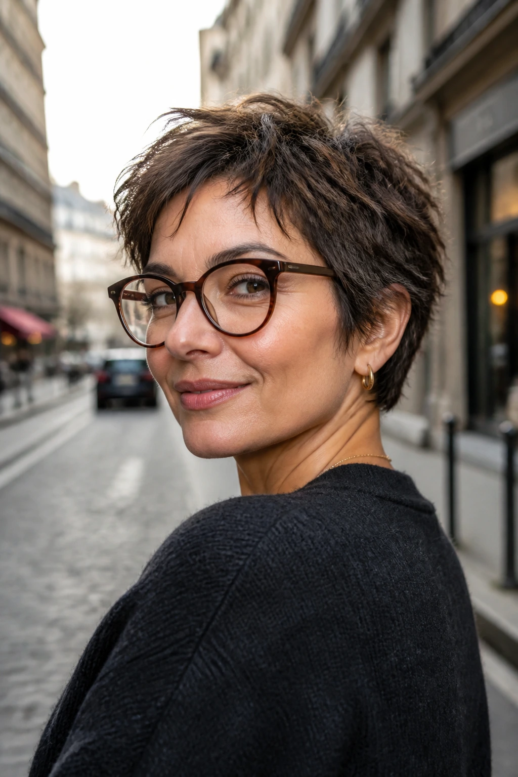 Real woman with pixie shag and petite frame wearing glasses