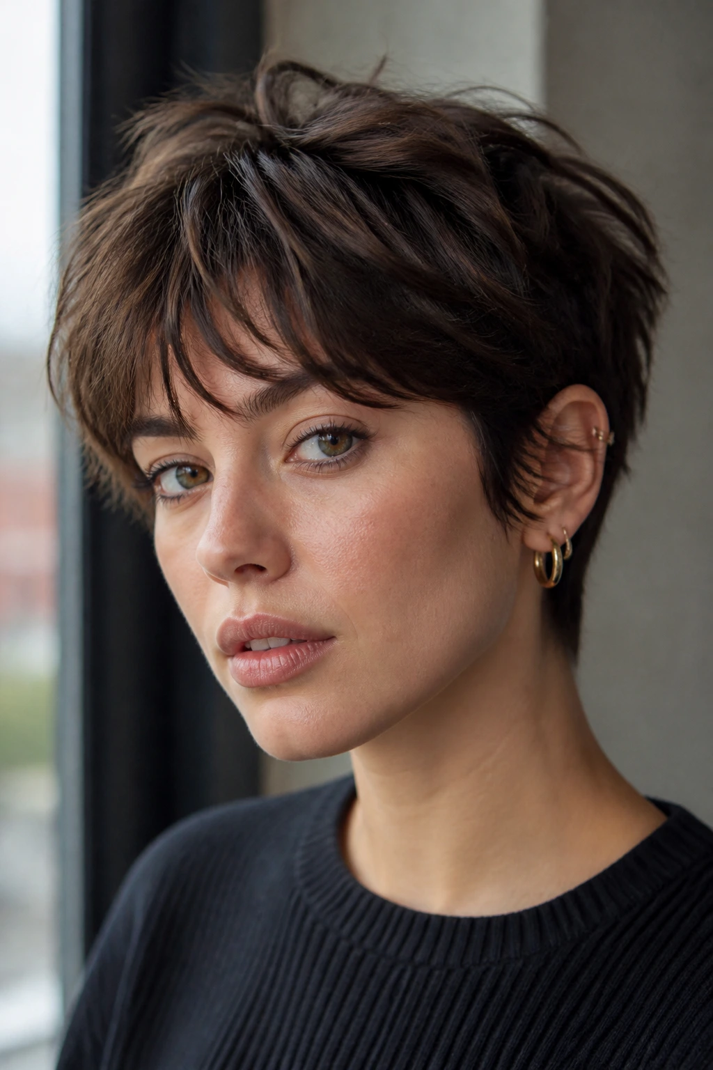 Close-up portrait of Pixie Shag hairstyle on a real person.
