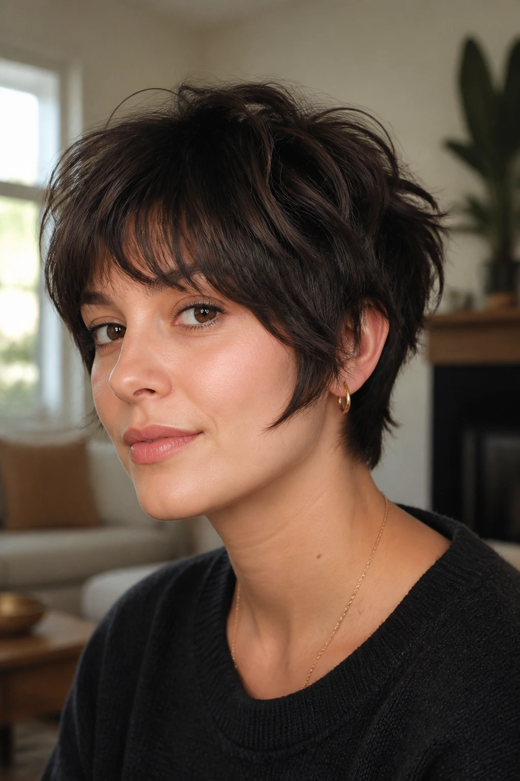 Close-up portrait of a real woman with a grown-out pixie shag in warm window light