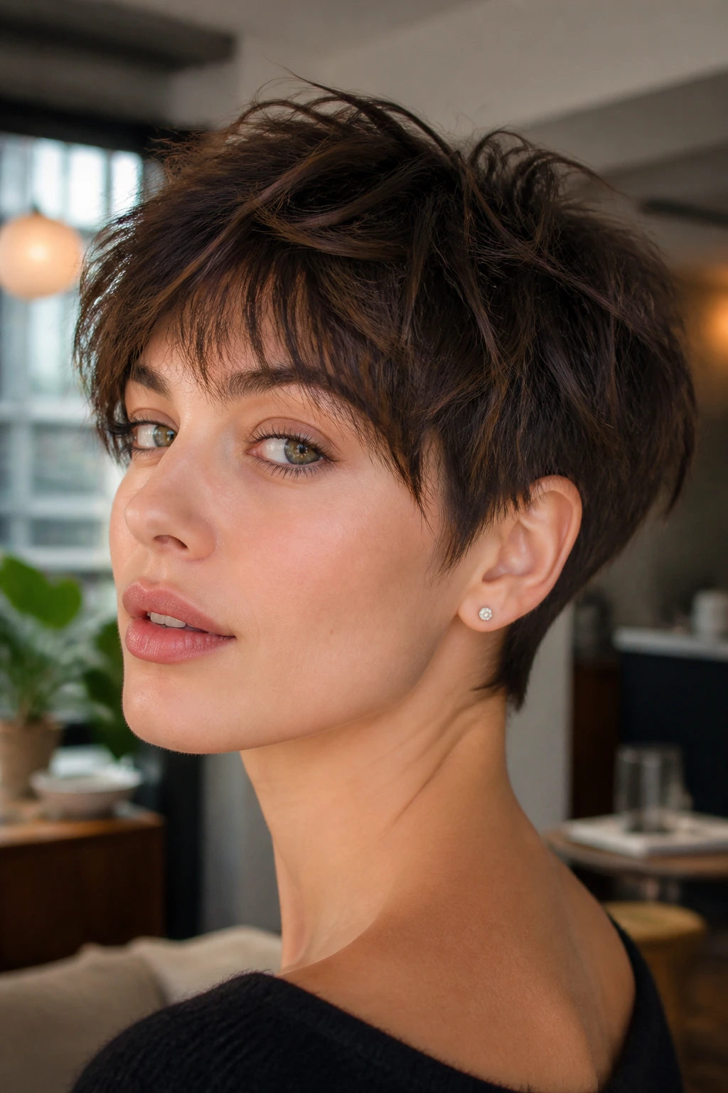 Real woman with pixie shag and tapered nape.