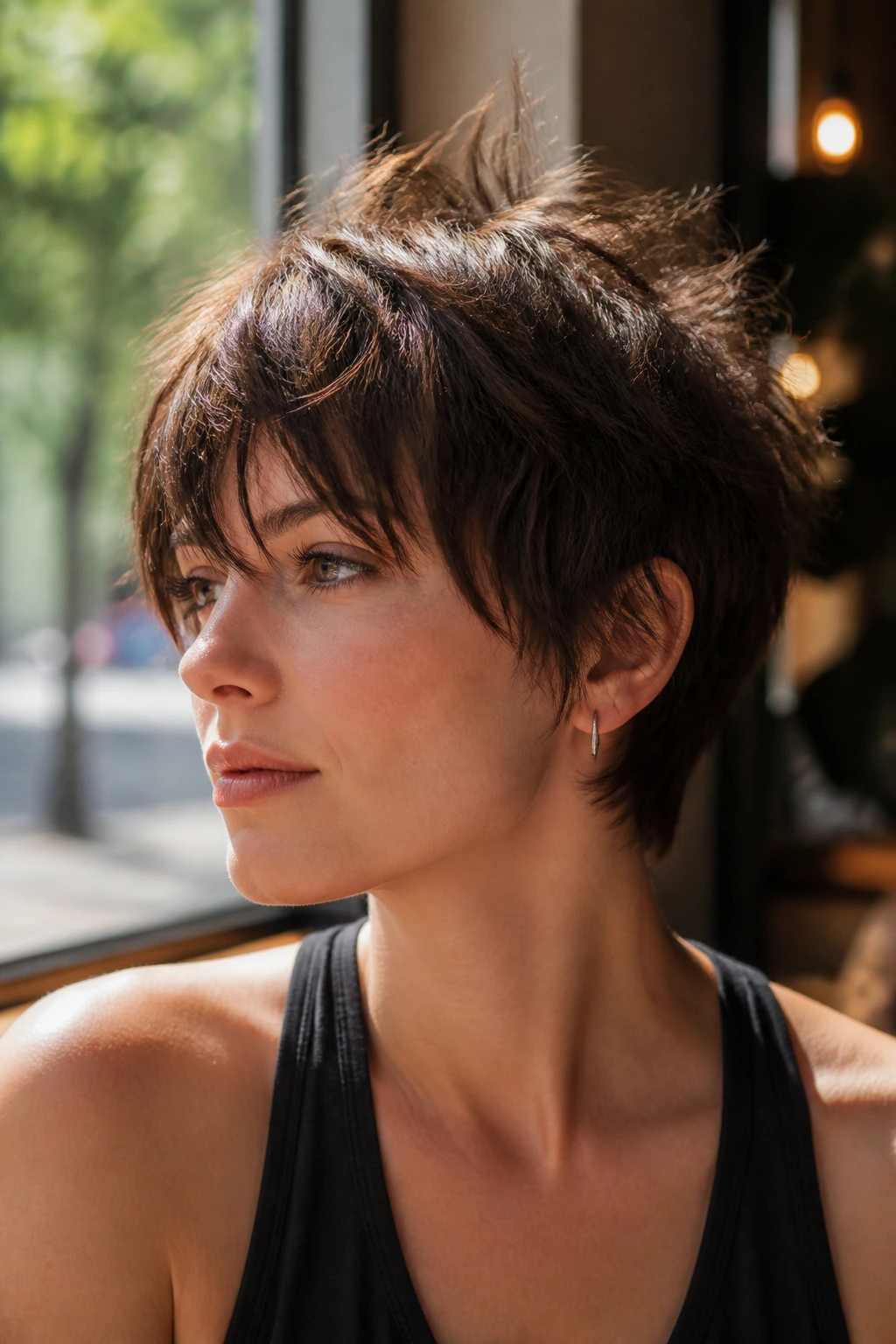 Close-up portrait of a woman with a choppy pixie shag in warm window light