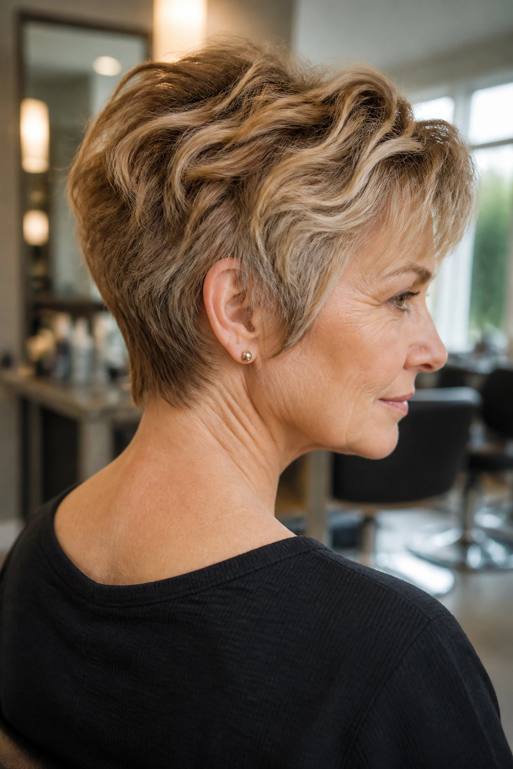 Close-up portrait of a real woman with a pixie-shag hybrid and tapered neck, soft sides