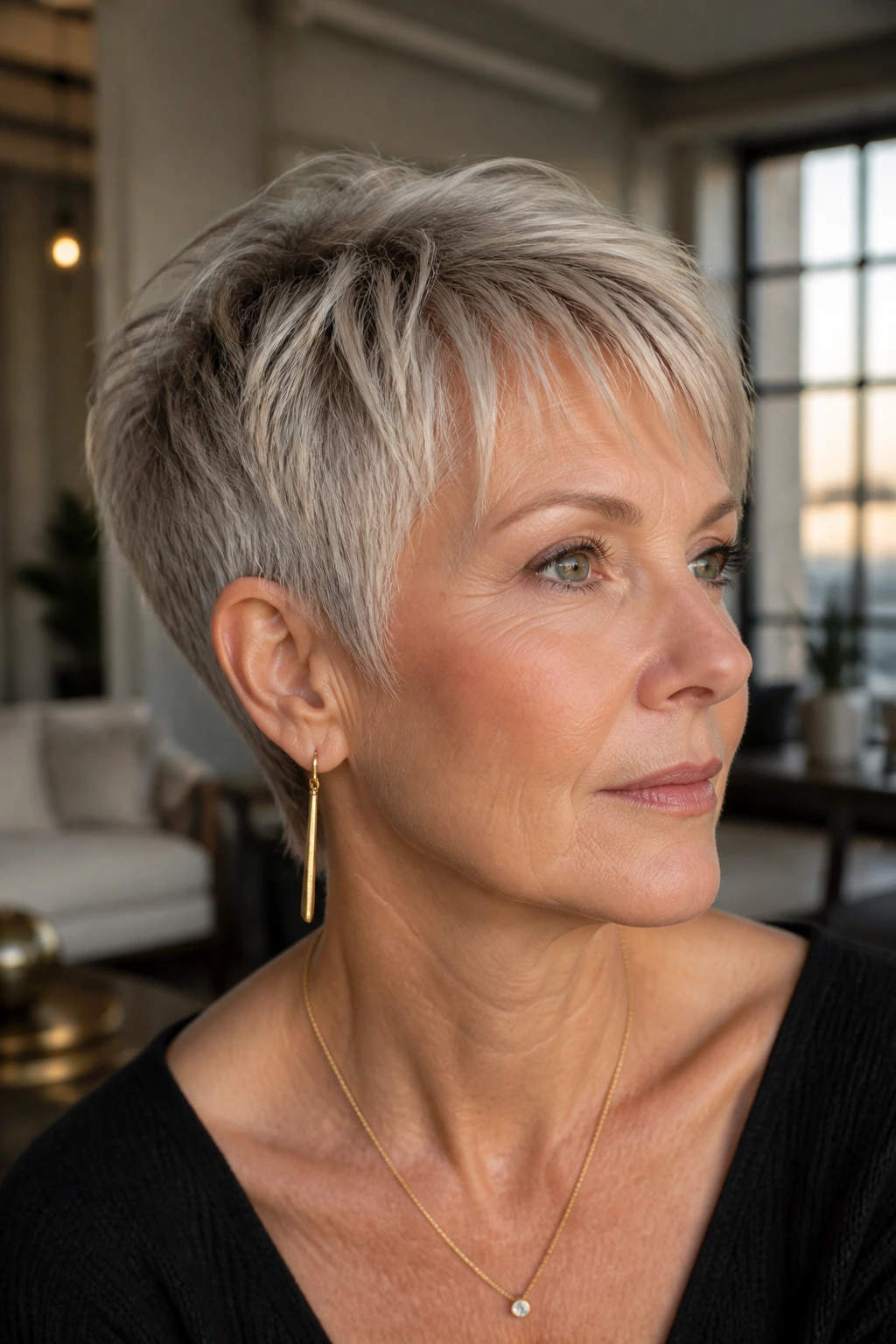 Close-up portrait of a real woman with a sculpted pixie cut showing crown lift and soft fringe.