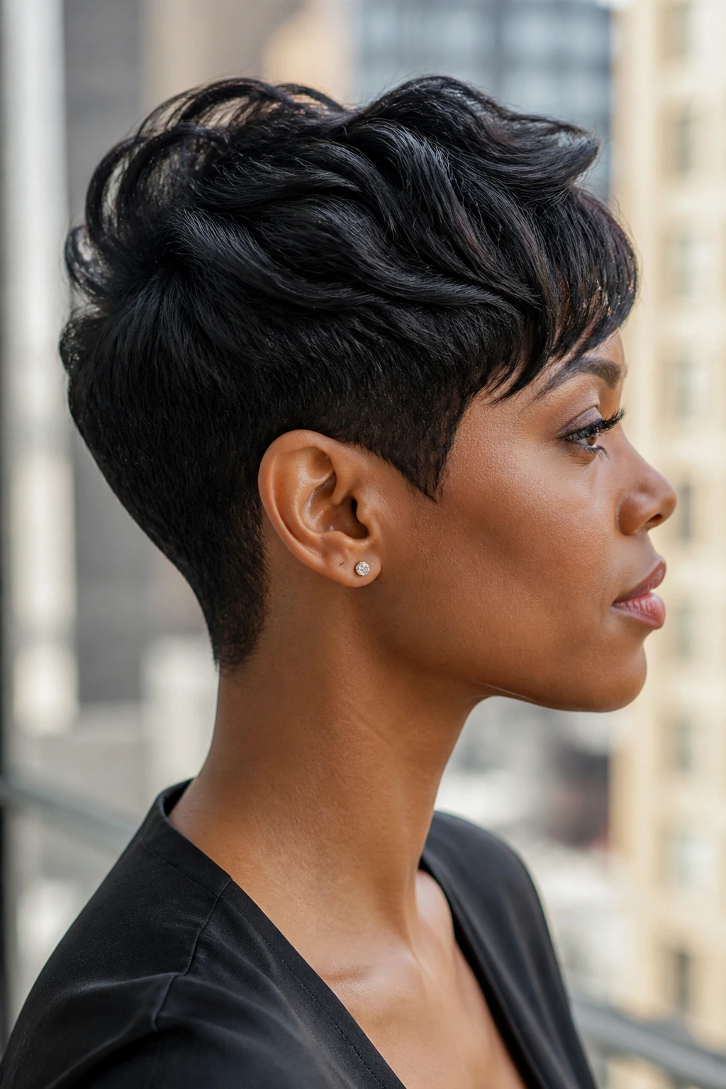 Portrait of a real Black woman with sculpted pixie showing shape-focused styling