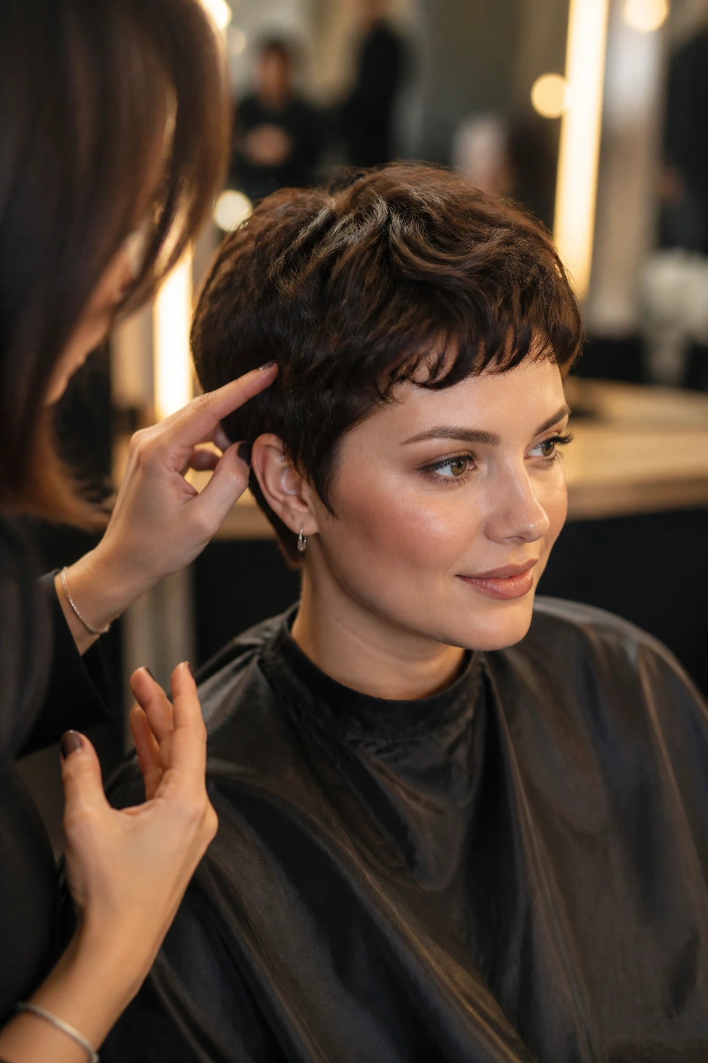 Real client in salon chair discussing pixie shape with stylist
