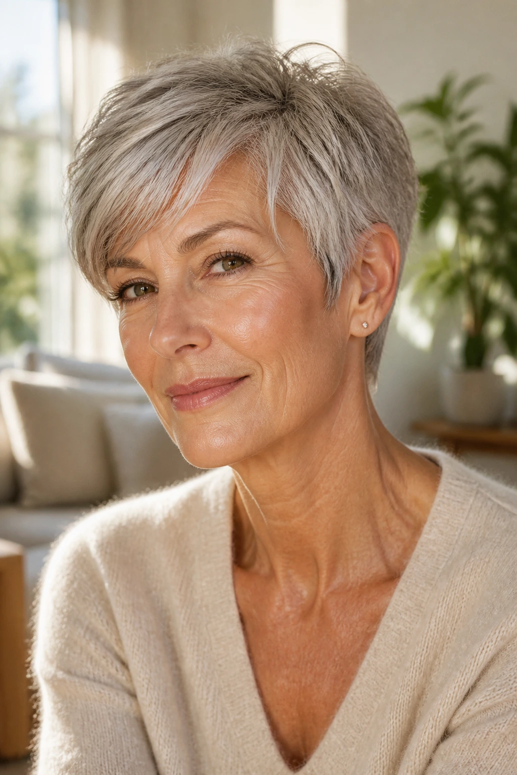 Portrait of a real woman with a feathered fringe pixie in a sunlit living space.