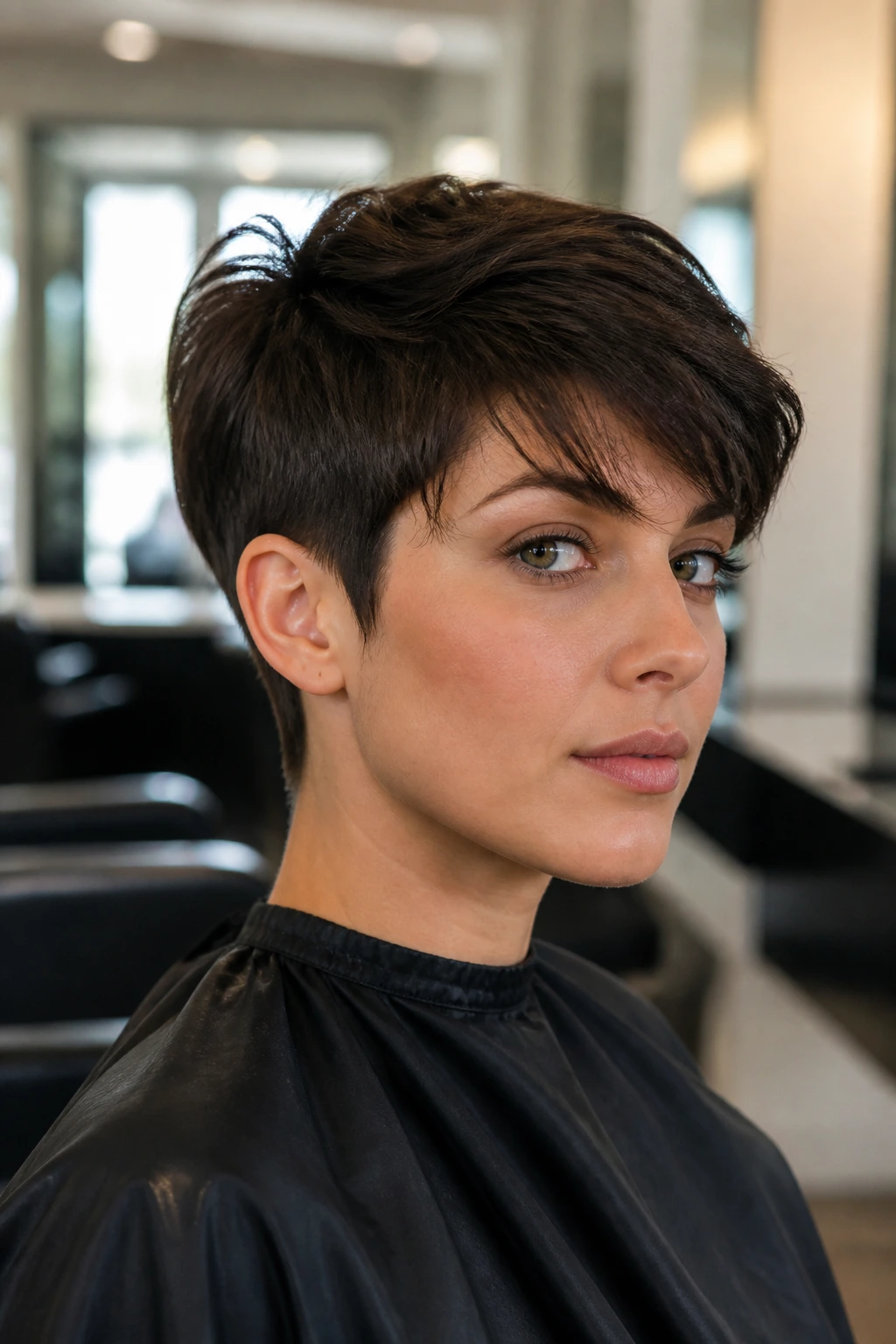 Portrait in salon chair illustrating pixie shape choices for face and hair texture