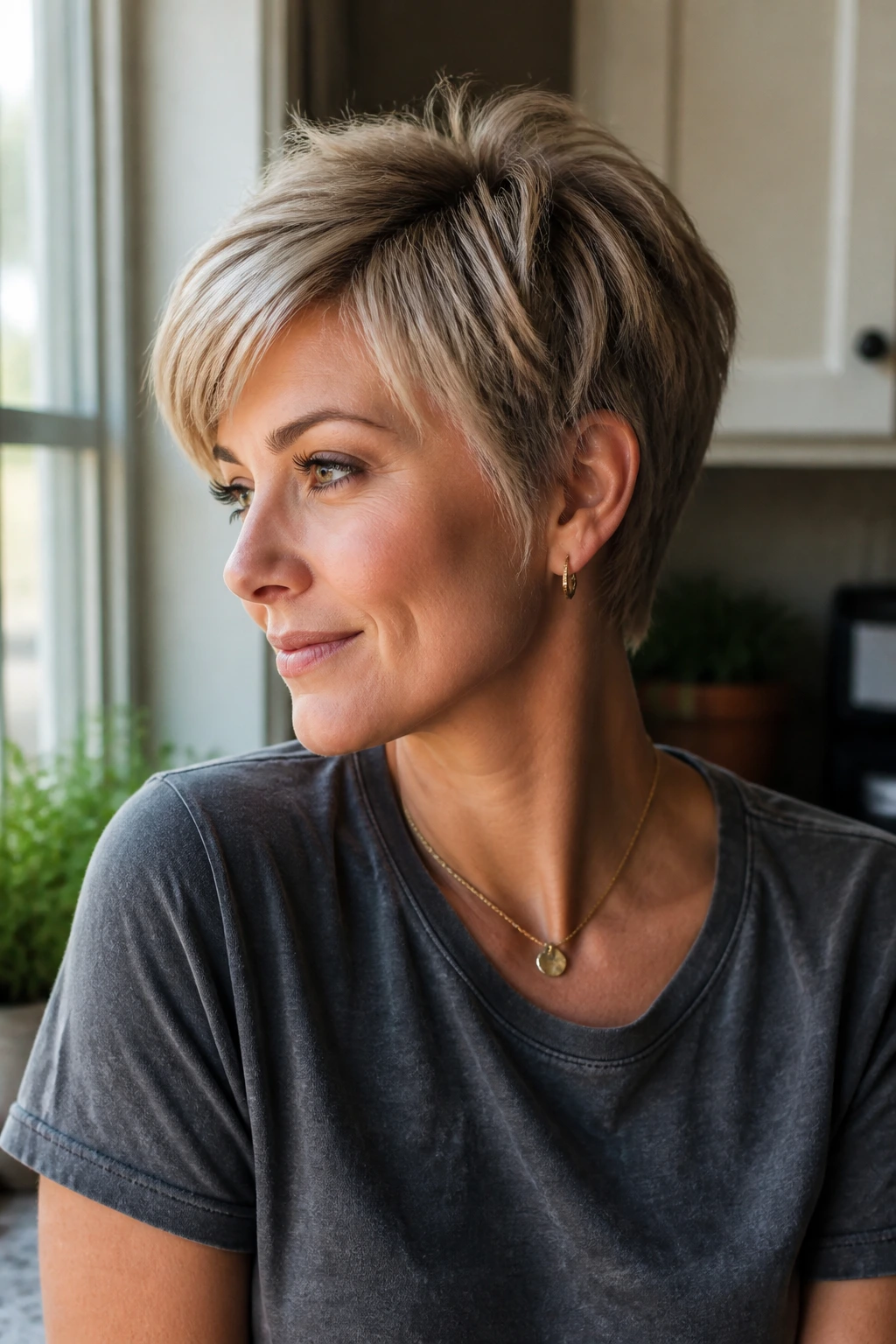 Close-up of a real woman with a crisp layered pixie shape under natural light