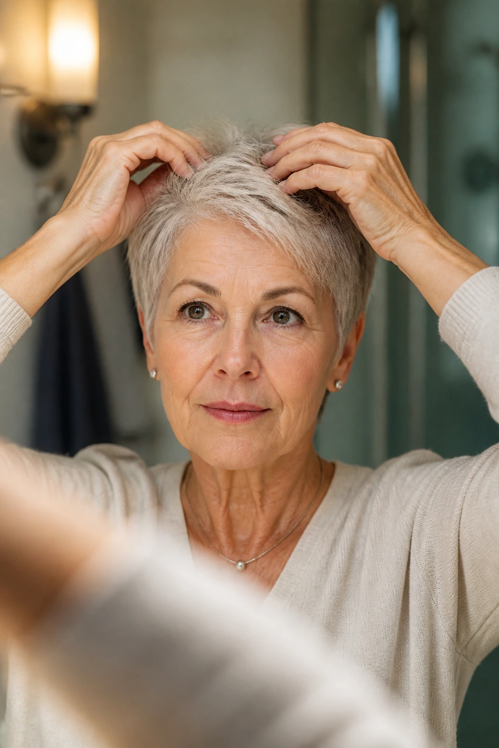 Real woman with pixie cut in a bathroom resetting the crown shape