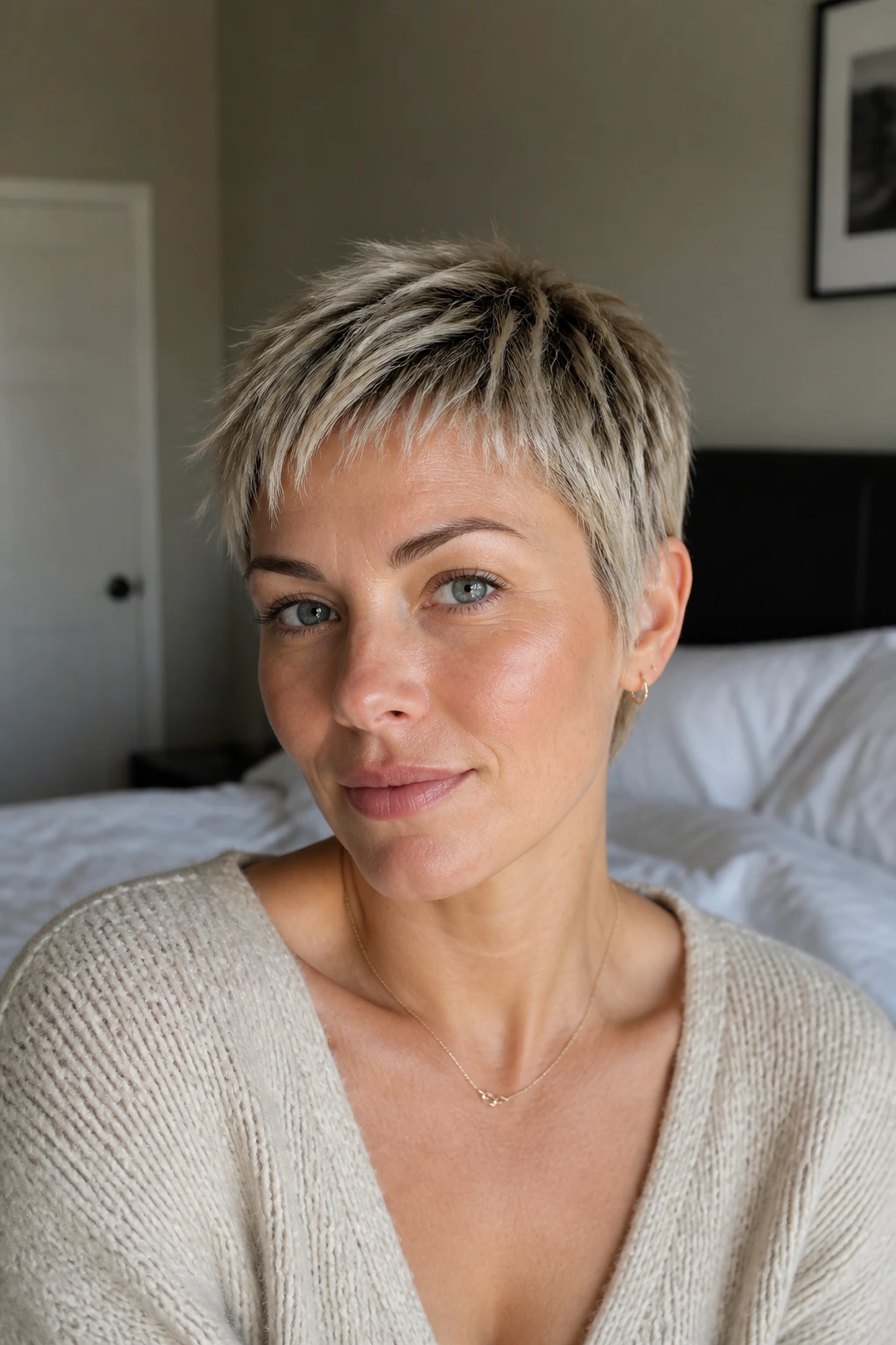Real pixie cut kept crisp between appointments in bedroom light