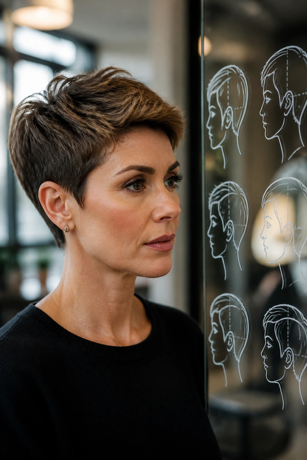 Portrait of a woman with pixie cut studying a shape plan diagram on glass board.