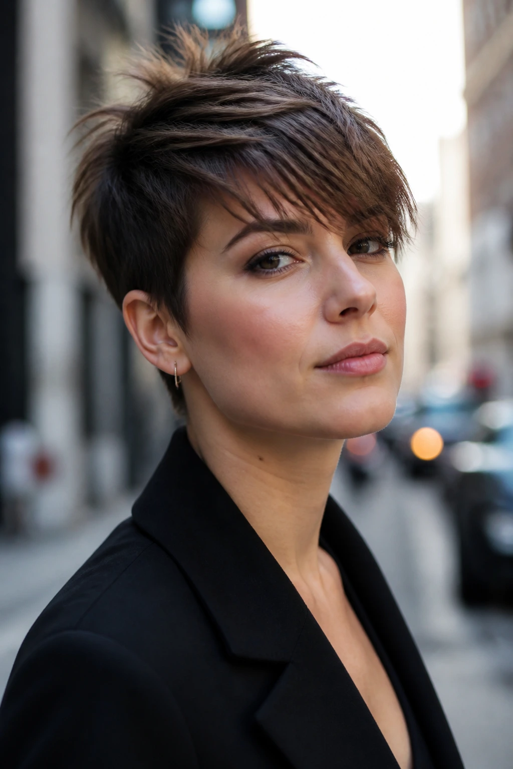 Portrait of a person with a pixie haircut showing crown height and diagonal fringe