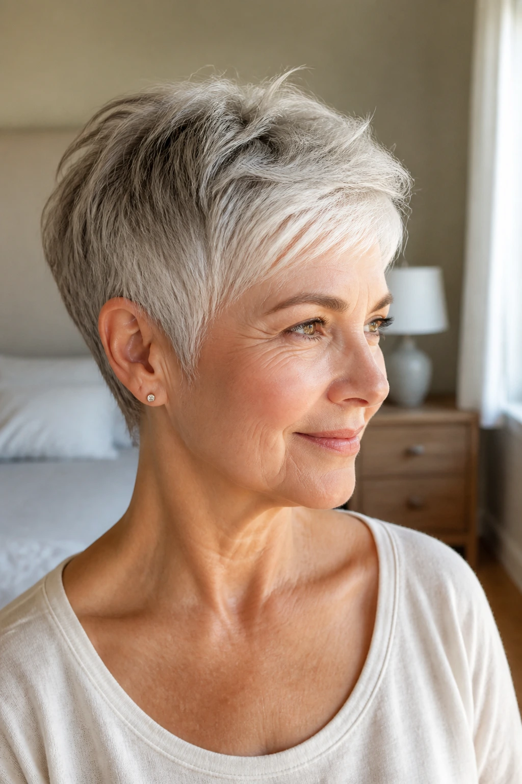 Close-up of a woman with a well-defined pixie shape in morning light