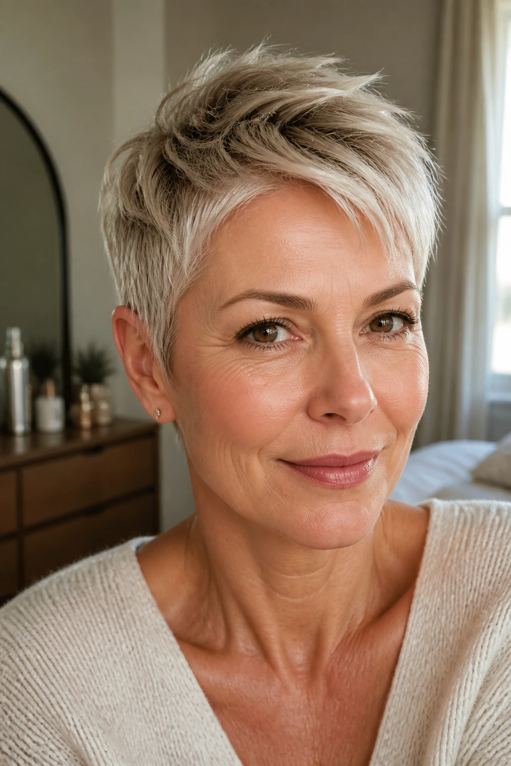 Portrait of woman with pixie cut maintaining sharp look