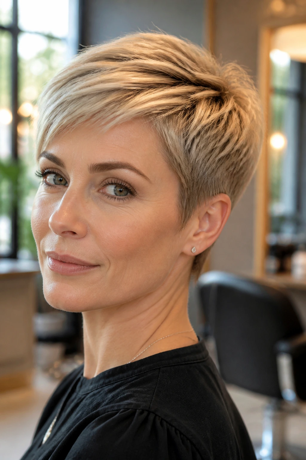 Close-up portrait of a real person with a crisp pixie cut in a salon setting.