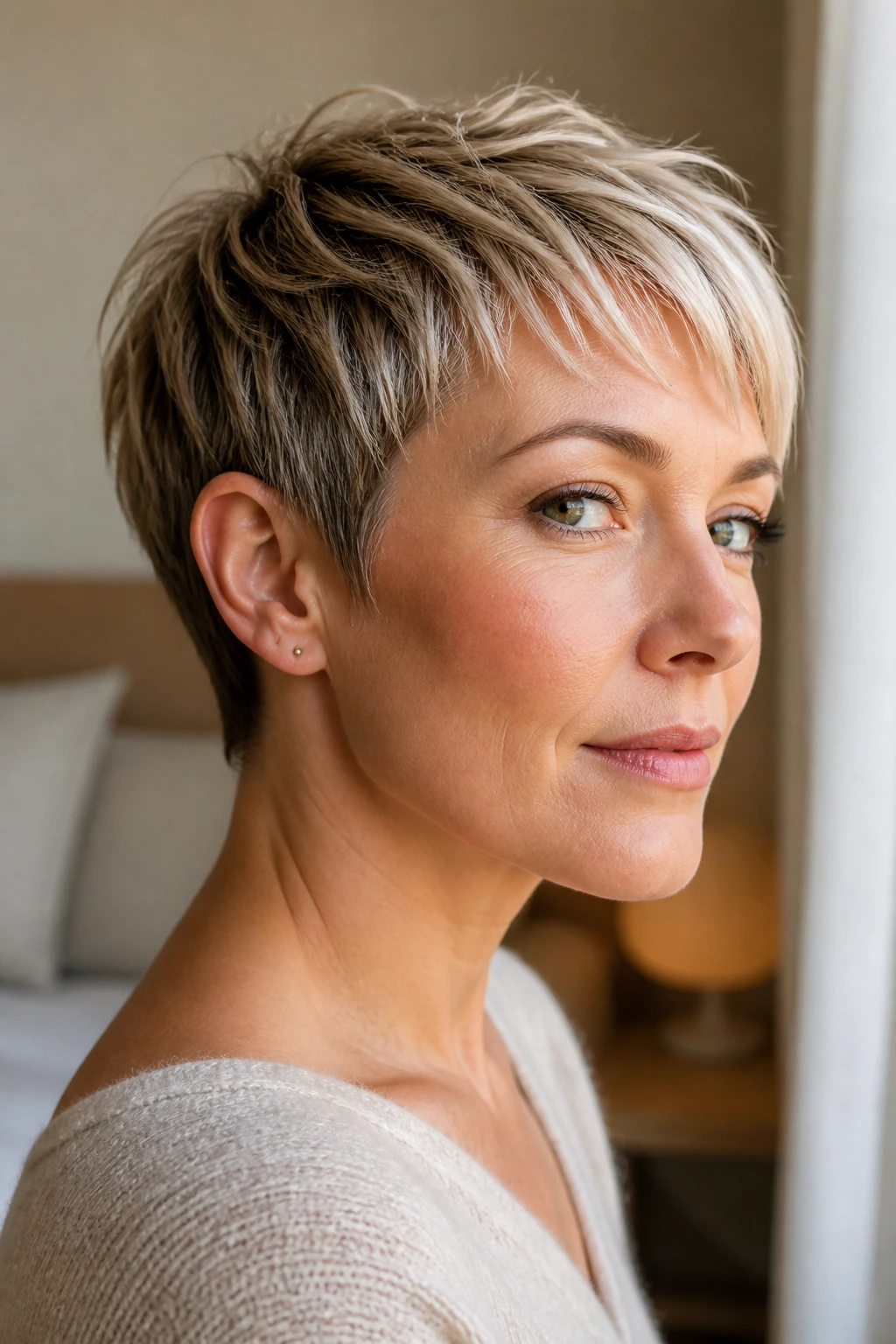 Portrait of a woman with a short pixie haircut showing crown height and fringe length.