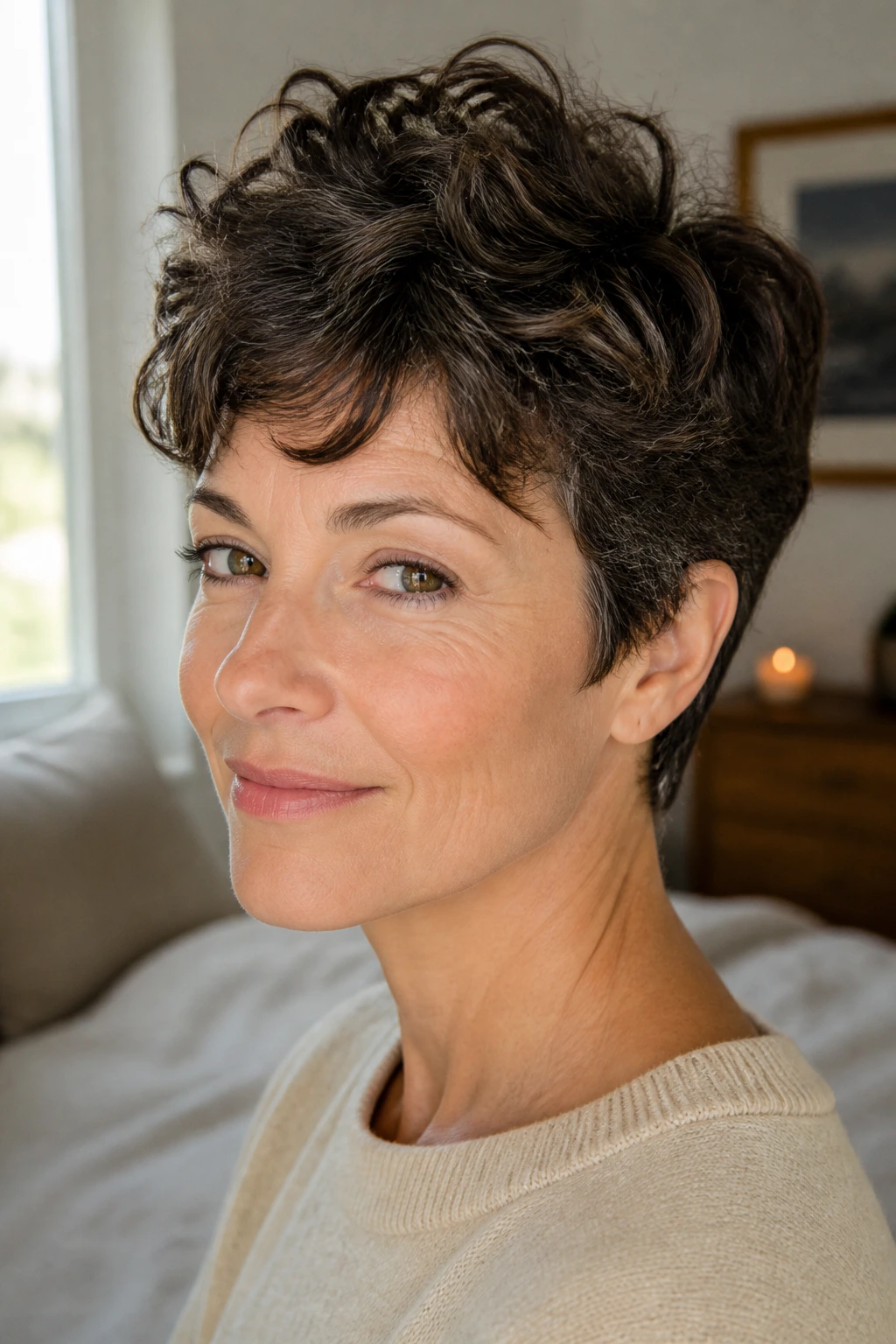 Close-up portrait of a woman with short wavy pixie hair showing lift at the crown in warm window light