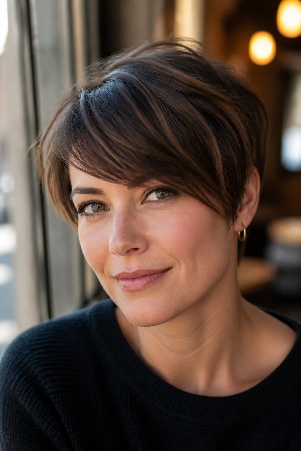 Close-up of a real woman with a pixie cut and side fringe.