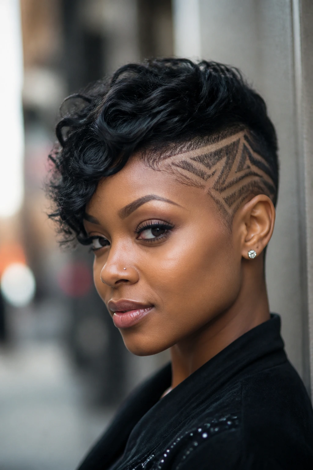 Portrait of a Black woman with an asymmetrical pixie and side panel art