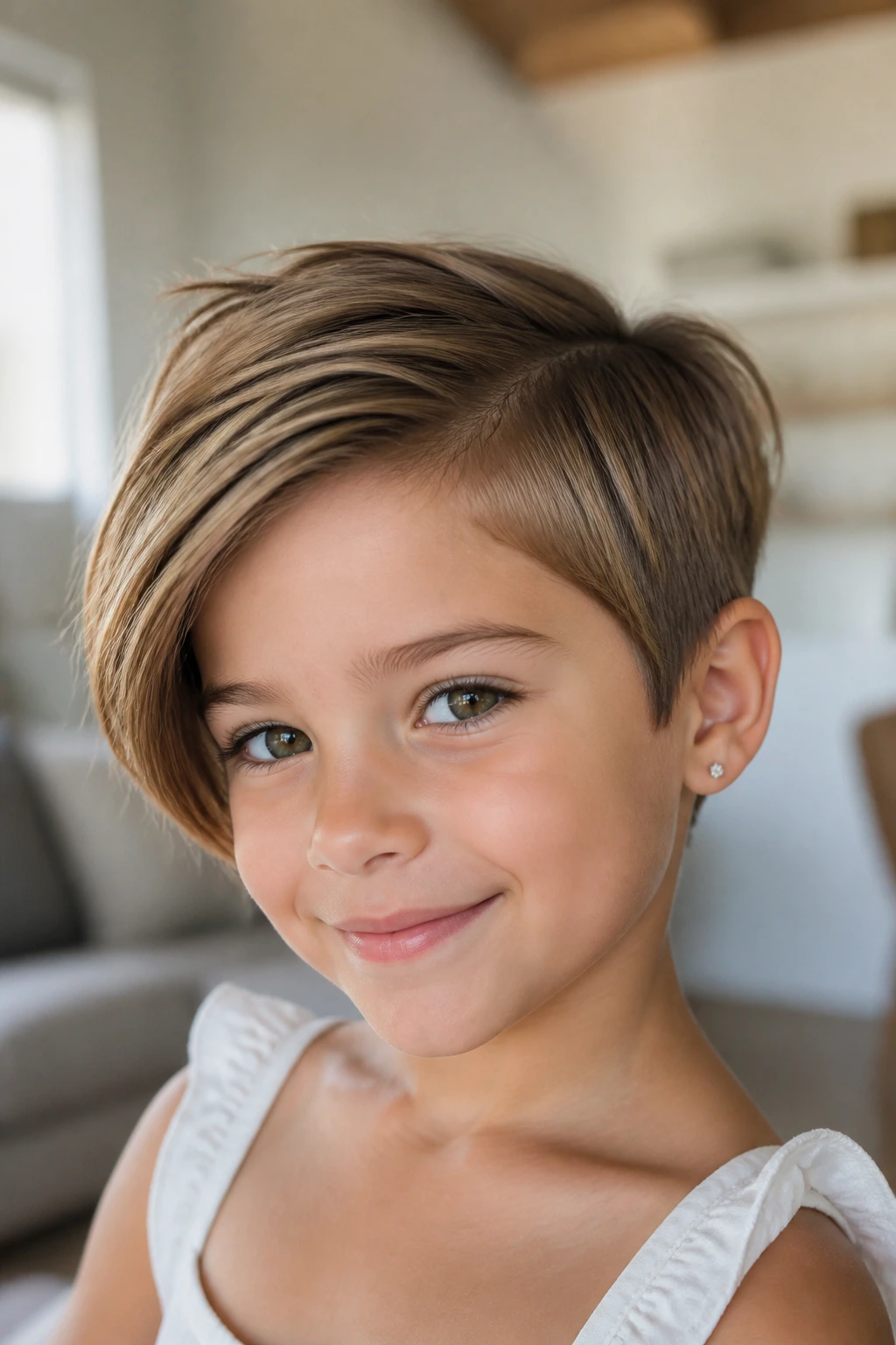 Close-up of a child with a deep side-part pixie hairstyle in a bright living room