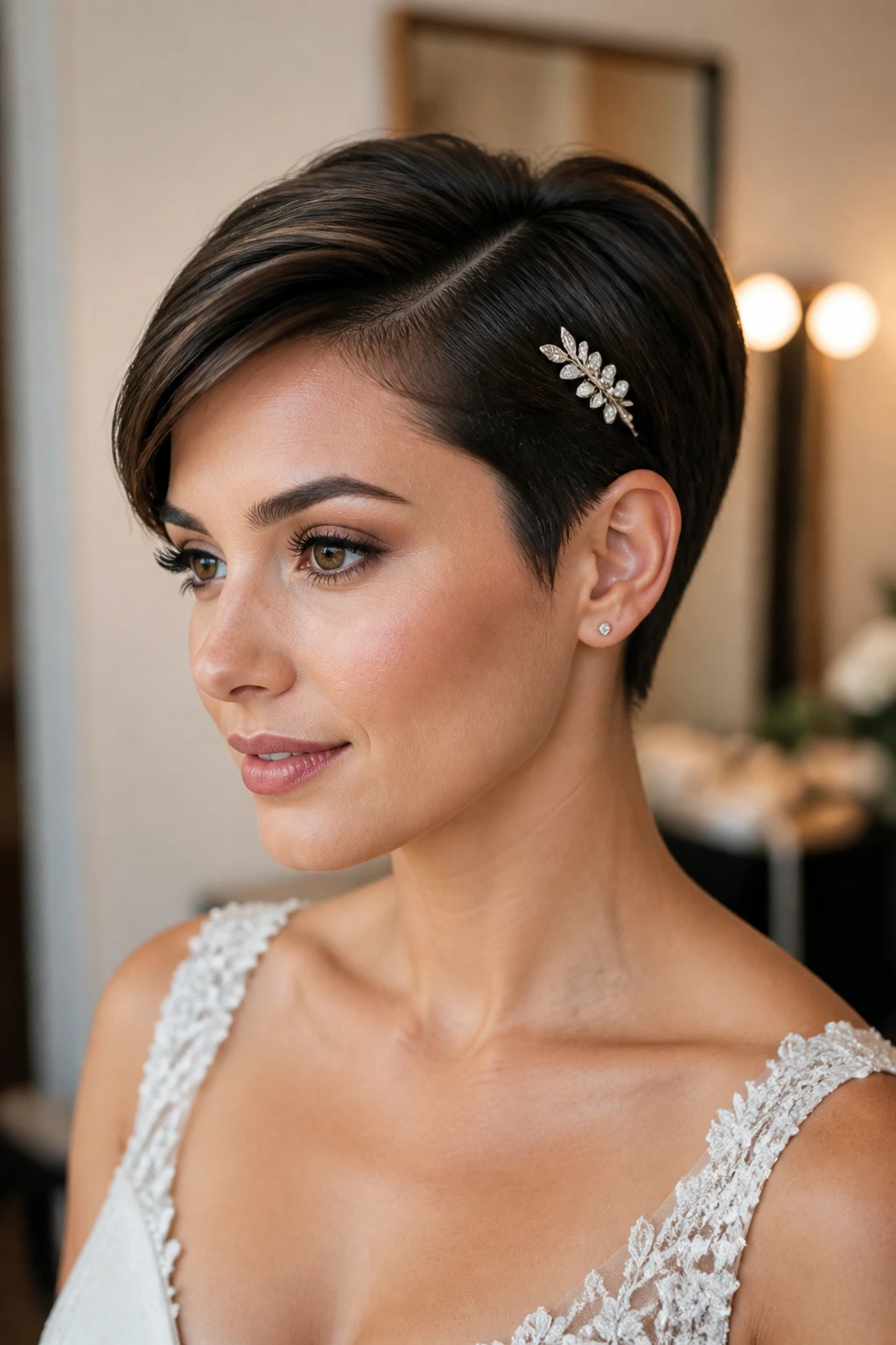 Bride with sleek side-part pixie and crystal pin, close-up