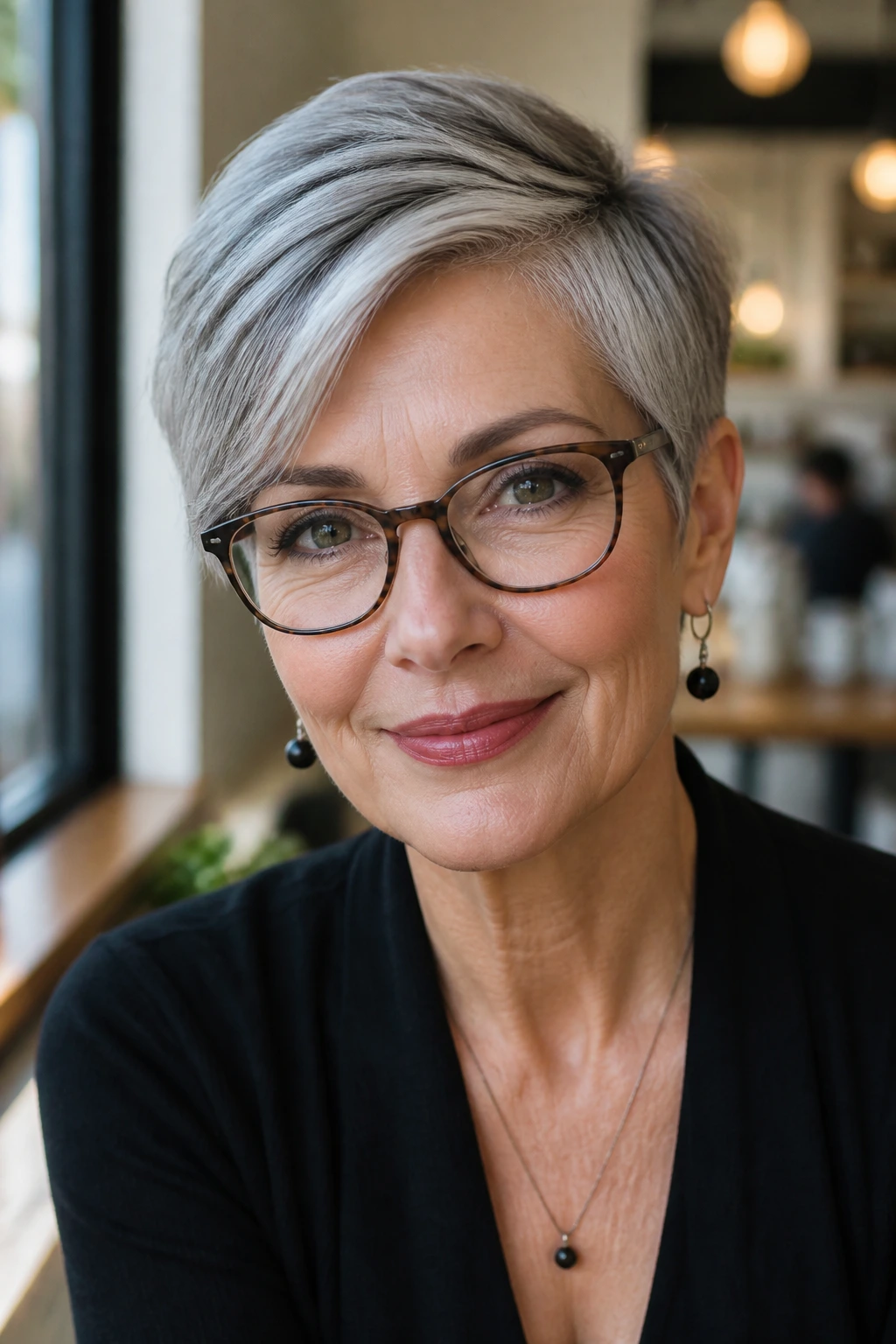 Close-up of a real woman wearing glasses with a side-part pixie hairstyle
