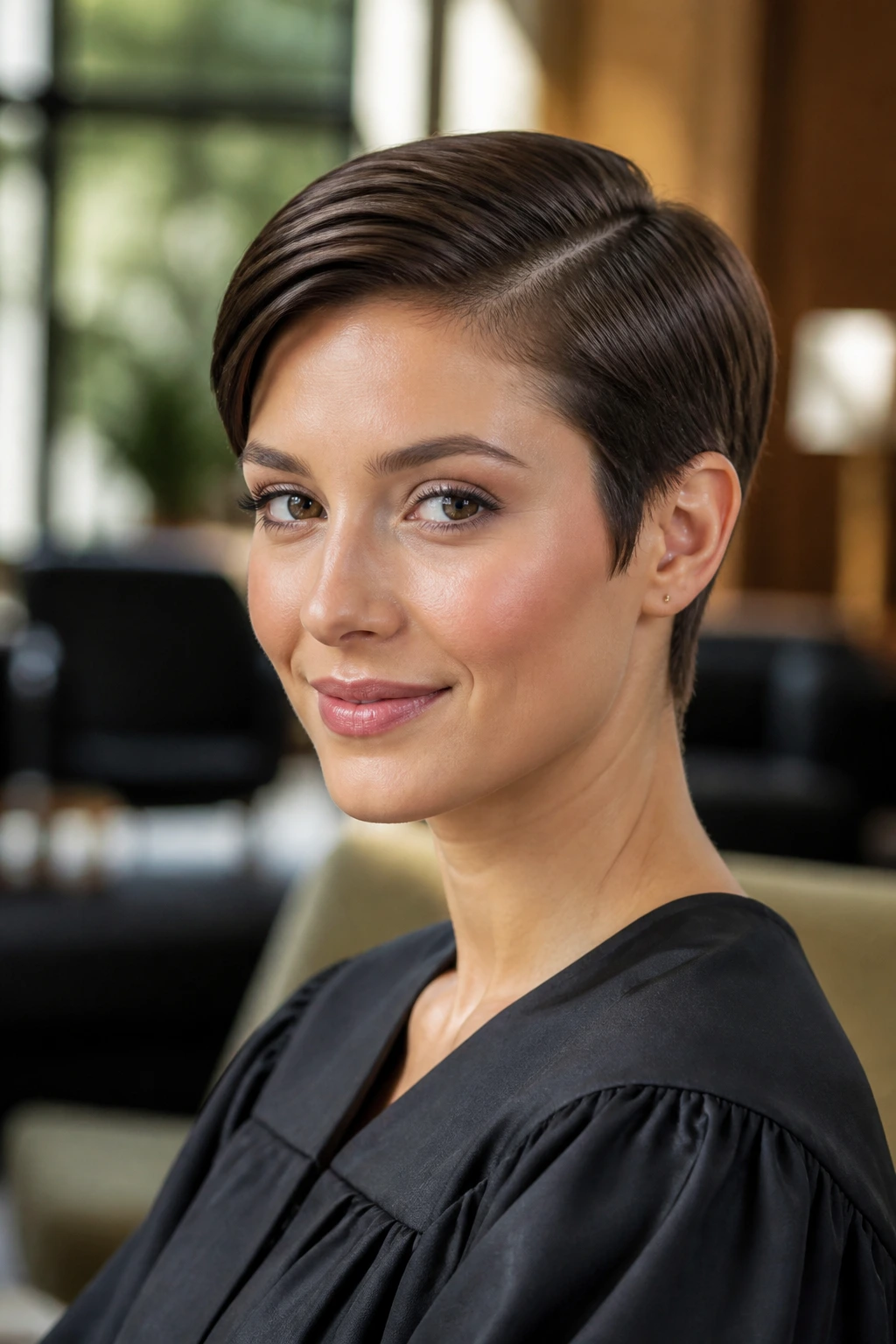 Close-up of a real person with a sleek side-part pixie for graduation in campus setting