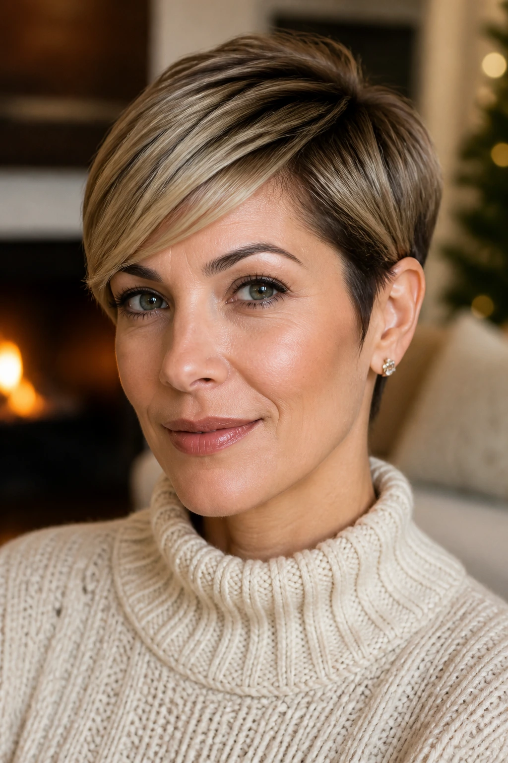 Close-up of a real woman with a polished pixie and side sweep in a cozy winter setting.
