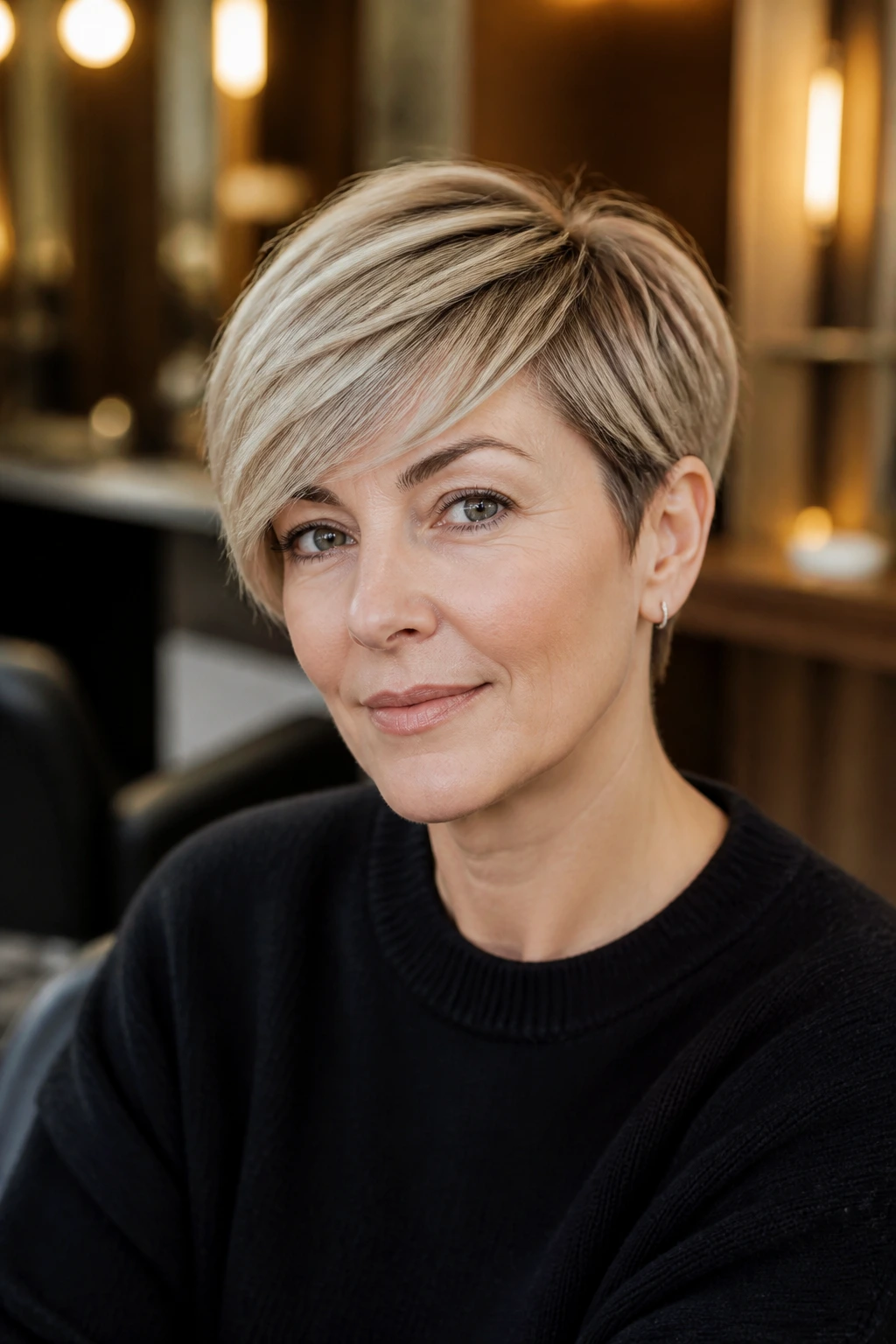 Portrait of a woman with a soft side-swept pixie showing face-framing fringe