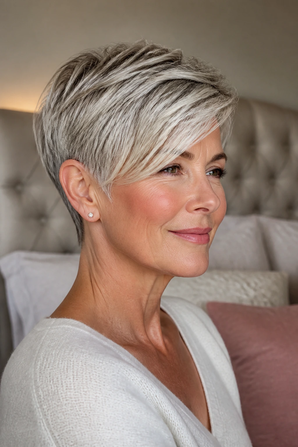 Close-up of a real woman with a side-swept pixie and soft nape taper in warm bedroom light.
