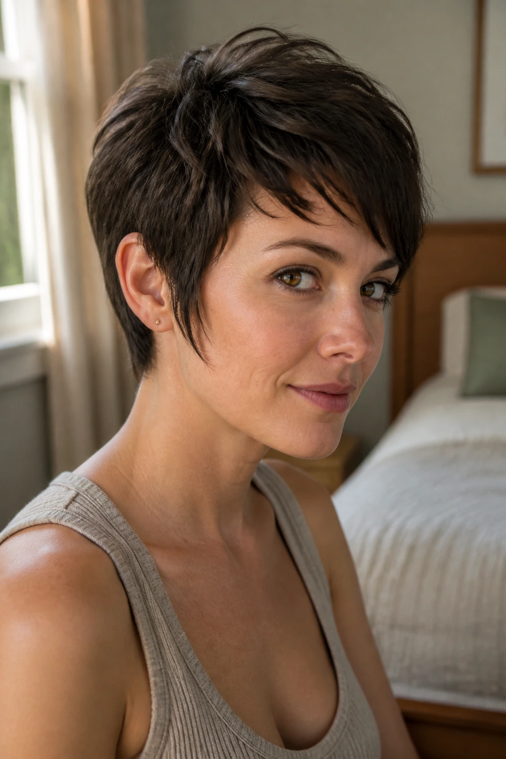 Close-up portrait of a real woman with slender face-framing sideburn pixie cut in warm bedroom light